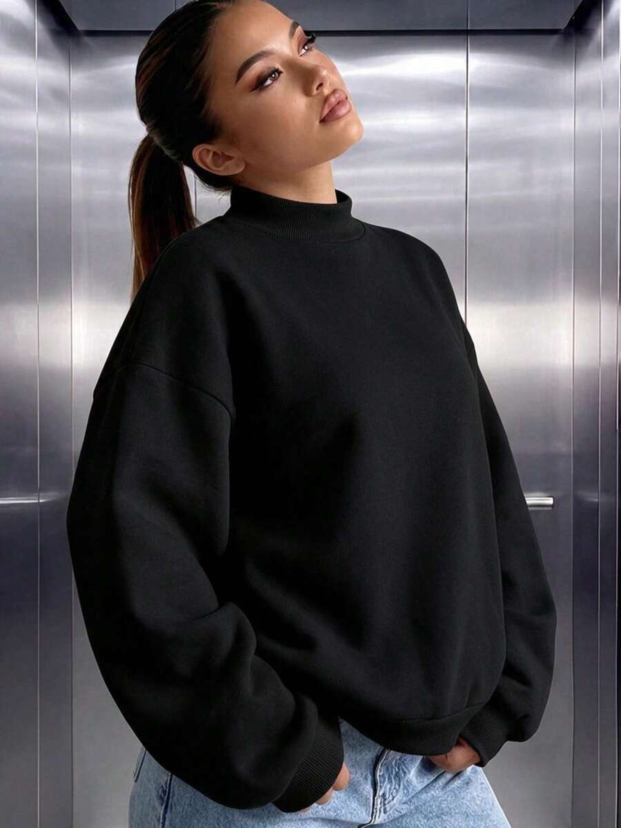 Women's Loose Oversized Long Solid Color Small Stand Collar Sweatshirt, Suitable For Winter And Spring, Wardrobe Essential, Daily Wear, Office Casual - Black - View 1