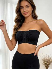 Sexy Front Closure Mesh Strapless Bandeau Bra, Multi-Row Hook-And-Eye Push-Up Wireless Bra, Strapless Bra - Black - View 3