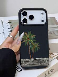 1pc 2D Printed Palm Tree Pattern Phone Case, Saudi Arabian Style Popular Creative Premium Design, Waterproof Durable Dustproof Fashion Minimalist With Camera Protection Black Matte Feel Full Coverage Protective Phone Case, Suitable As Easter, Christmas, Halloween, Birthday Gift For Girlfriend, Boyfriend, Friends Or Self-Use, Compatible With 18 Pro/18 ProMax, Compatible With Galaxy Series Models - Black - View 5