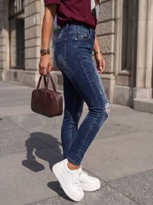 Women's Skinny Jeans With Stretch, Pockets, Comfortable, Simple And Suitable For Everyday Distressed Ripped Jeans With Hotfix Rhinestones - Dark Rhinestone - View 4