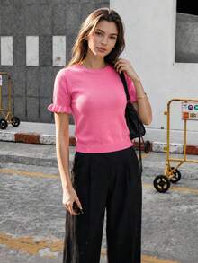 Women's Casual Yellow Round Neck Ruffle Short Sleeve Loose Fit T-Shirt, Spring/Summer Style, Suitable For Dating And Daily Wear - Hot Pink - View 4