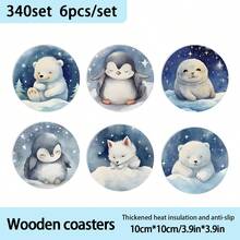 6pcs/Set Cute Polar Animal Wooden Coasters, Watercolor Polar Bear Penguin Seal Arctic Fox Round Heat-Insulating Pads, Thickened Non-Slip Anti-Scald Tea Cup Coasters, 10cm Nordic Style Desktop Decor Coffee Cup Water Cup Pads, Home Dining Table Crafts Small Gift - Wooden Board-coaster - View 6