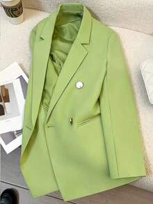 Women's Solid Color Long Sleeve Double-Breasted Blazer With Notched Collar, Spring/Summer | Suitable For Dates, Parties, Outings And Holiday Celebrations - Light Green - View 2