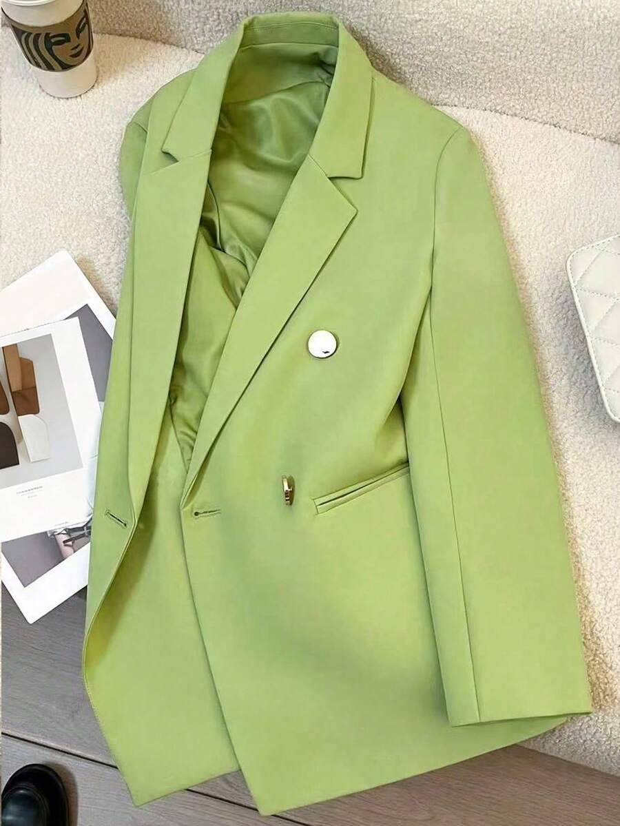 Women's Solid Color Long Sleeve Double-Breasted Blazer With Notched Collar, Spring/Summer | Suitable For Dates, Parties, Outings And Holiday Celebrations