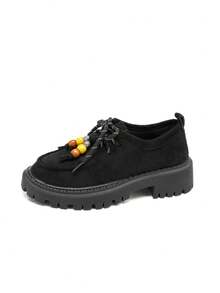 Lace-Up Vintage Beaded Suede Solid Color Loafers With Thick Serrated Platform Sole Slip-On Wedge Heels Fashion Versatile - Black - View 8