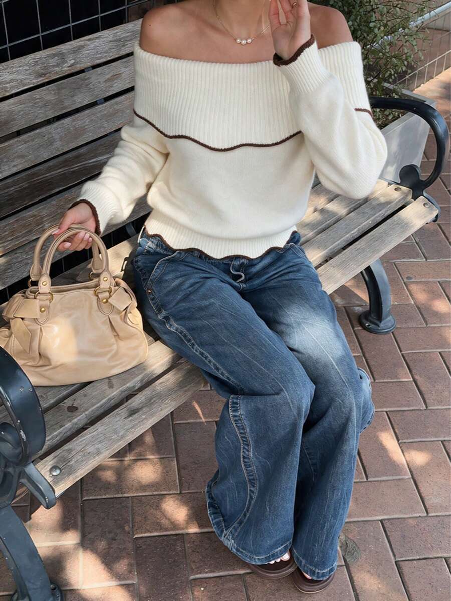 Fall Winter Women's White Off-Shoulder Sweater, Long Sleeve Pullover With Brown Scalloped Edge Detail - Beige - View 1