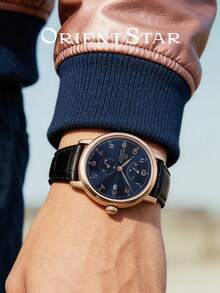Orient Jam Tangan Mekanik Otomatis Pria Casing Warna Rose Gold Dial Biru Tua Sunburst Penanda Angka Arab Tali Kulit Emboss Motif Buaya Jam Bisnis Retro - Biru - View 3