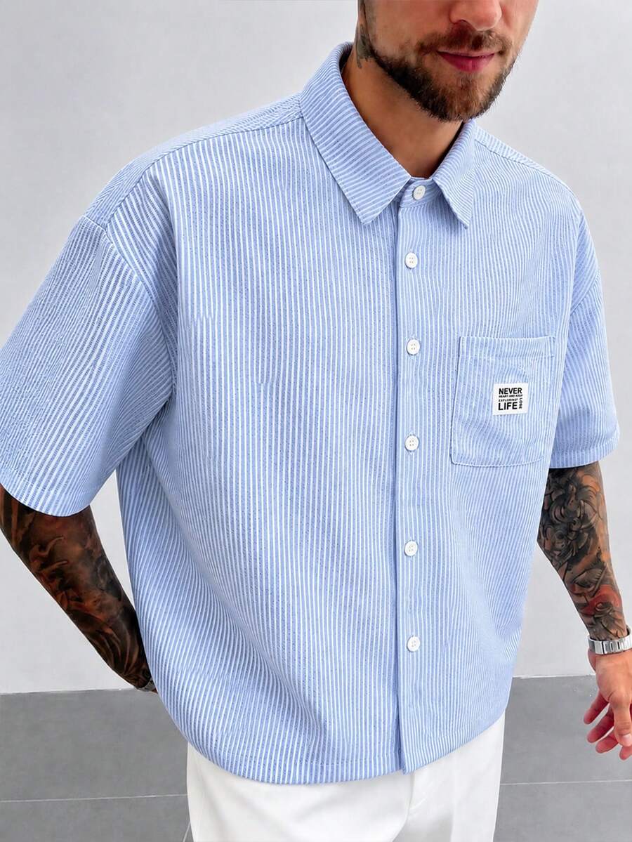 GloMan Old Money Style Men's Blue & White Striped Textured Patchwork Logo Button Loose Short Sleeve Shirt, Suitable For Autumn Family Gatherings, Office Commute, Golf, Gift For Husband/Father - Blue and White - View 1
