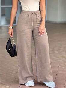 Unadoll Women's Autumn Blush Apricot Drawstring Wide Leg Pants, Elastic High Waist Loose Long Pants, Minimalist Casual Street Style, Suitable For Daily Commute - Pink Apricot - View 1