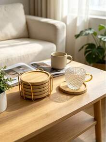 Bamboo Round Coaster Set With V-Shaped Gold Iron Storage Rack, 4-Piece And 6-Piece Organizer Set, Coaster Holder Also Functions As Cup Holder, Heat-Resistant Anti-Scald Water Cup Coaster, Natural Bamboo Tea Cup Coaster, Desktop Protection Pad, Home Coffee Cup Coaster, Minimalist Home Dining Table Coffee Table Decor, Easy Storage Non-Slip Coaster Home Gift. - Gold - View 7