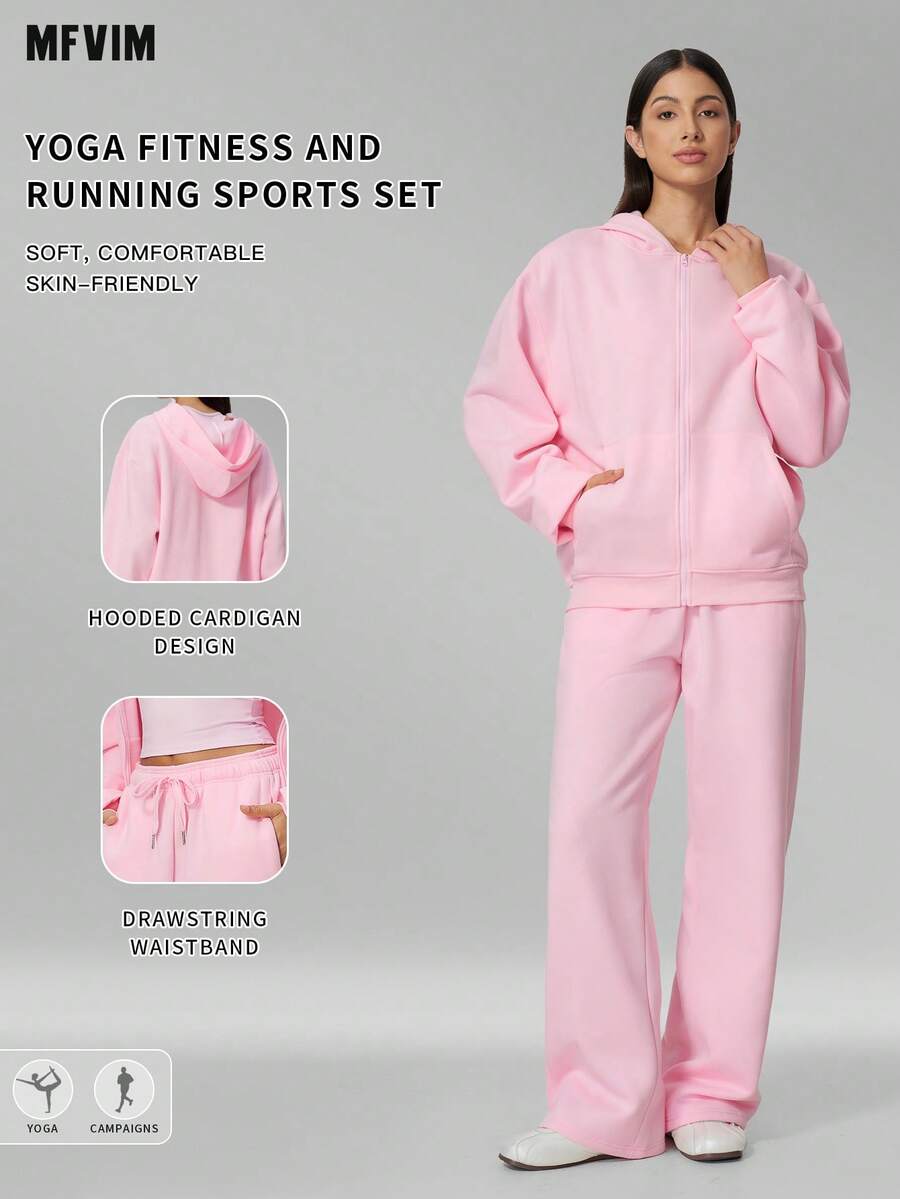 MFVIM Women's Autumn/Winter New Long Sweatshirt + Long Sweatpants 2pcs Sports Casual Versatile Set - Baby Pink - View 1