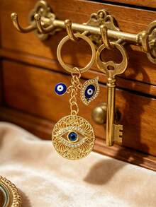 Turkish Blue Evil Eye Keychain Vintage Gold Rhinestone Key Chain Bag Car Pendant Charm Exotic Metal Hanging Ornament Accessory Decoration - Gold - View 5