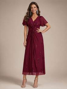 EVERPRETTY Elegant High-Elastic Comfortable Ruffle Knot Wrap Design Mid-Length Formal Evening Gown, For Wedding Guests, Mother Of The Bride,Semi-Formal Occasions - Burgundy - View 6