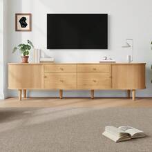TV Stand With Rounded Edges, 3D Wave-Shaped Structure, Sliding Doors, 4 Drawers, Wooden Legs, And Metal Handles. - Natural + MDF + Particle Board - View 4