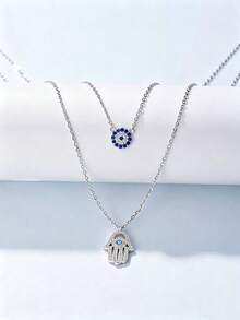 Light Luxury Fatima's Hand Evil Eye Double Layer Necklace & Earring Set, Blue Diamond Inlaid S925 Sterling Silver Protective Jewelry 2pcs Set - Silver - View 1