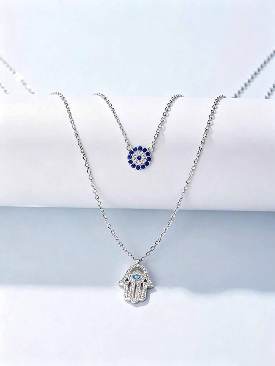 Light Luxury Fatima's Hand Evil Eye Double Layer Necklace & Earring Set, Blue Diamond Inlaid S925 Sterling Silver Protective Jewelry 2pcs Set - Silver - View 1