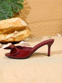 European & American Vintage Bow Thin Heel High Heel Sandals Round Toe Open Toe Slip-On Mule Slippers Party Women Shoes - Red - View 8