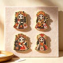 Cute Day Of The Dead Girl Enamel Pin Set, Sugar Skull Lapel Pins, Gothic Floral Skeleton Brooch For Backpack Clothing Hat, Halloween Gift For Friends - Multicolor - View 2