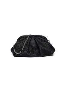 Tas Clutch Malam Wanita Bertabur Berlian Imitasi, Pola Berlian Imitasi Berkilau, Lapisan Kain, Rantai Lipat Berkerut yang Dapat Dilepas, Gaya Glamor Mewah, Pesta Pernikahan - Hitam - View 4