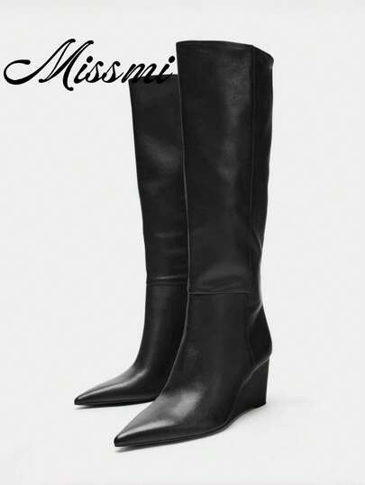 Autumn New Women's Black Low Chunky Heel High-Top Pointed Toe Leather Boots