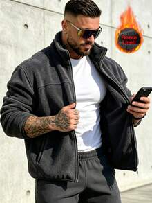 Men's Fleece Casual Solid Color Long Sleeve Jacket, Versatile For Autumn/Winter - Dark Grey - View 1
