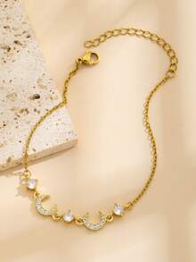 1pc Dainty Gold Tone Double Crescent Moon Charm Bracelet With Sparkling Stones Adjustable Chain Girls Kids Jewelry For Birthday Parties Daily Wear - Gold - View 5
