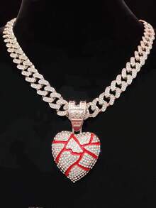 Men Women Punk Hip Hop Broken Heart Pendant Necklace Full Rhinestone Cuban Chain European American Rap Street Style Accessory - Silver - View 1