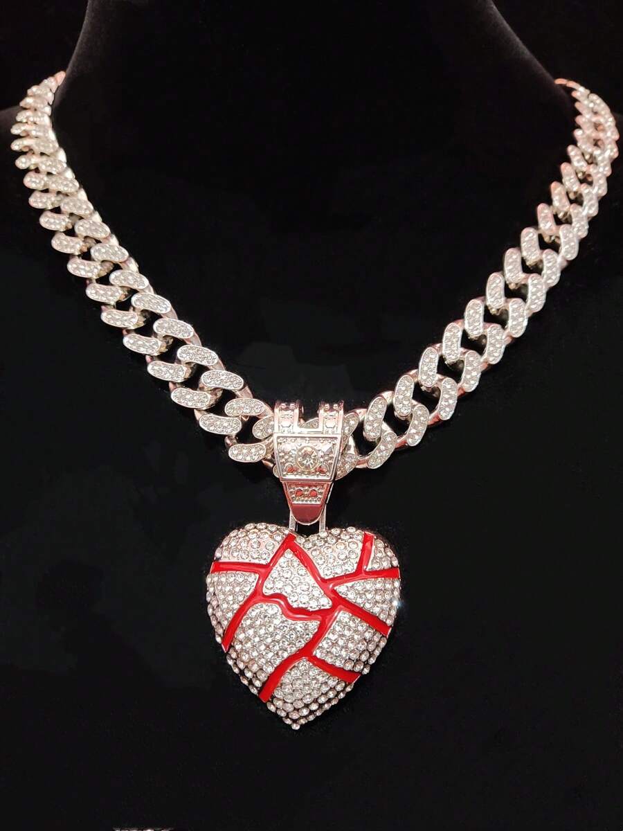 Men Women Punk Hip Hop Broken Heart Pendant Necklace Full Rhinestone Cuban Chain European American Rap Street Style Accessory - Silver - View 1