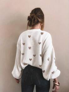 Women's Plus Size Heart Pattern Round Neck Drop Shoulder Long Sleeve Casual Sweater - White - View 6