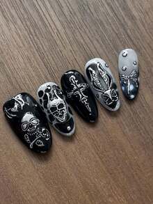 1pc Fall Autumn Embossed Skull Cross Rabbit Ear Halloween Demon Pattern Nail Stickers, Gold & Silver Colors For Autumn/Winter Vibes, Y2K Nail Salon Style Nail Art Accessories, Fingernail DIY Decoration - Multicolor - View 2