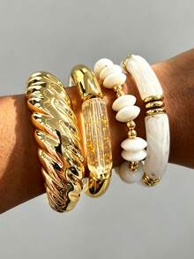 4pcs/1pc Bohemian Style Simple Elegant Fashion Women's Braided Beaded Curved Elastic Bracelet Set, Suitable For Women's Vacation, Date, Daily Wear, Stackable, Perfect Gift Choice - Multicolor - View 2