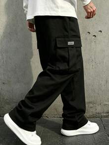 Men's Fashion Solid Color Outdoor Cargo Pants, Drawstring Waist Design, Side Pockets; Comfortable Breathable Sports Style - Black - View 3