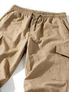 Men's Solid Color Lightweight Minimalist Multi-Pocket Cargo Pants, Fashion Tapered Leg, Campus Style Outdoor Hiking Casual Pants - Khaki - View 5