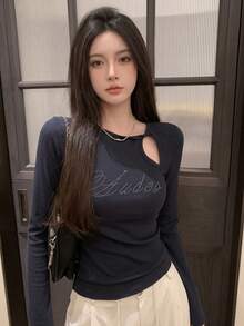 Women's Early Autumn Hollow Letter Rhinestone Long Sleeve Base Layer Top - Navy Blue - View 1