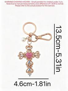 1pc Luxury Exquisite Rhinestone Heart Cross Car Keychain, Metal Cute Pearl Unisex Couple Bag Pendant Key Chain Ring Fashion Small Gift Design Bag Accessory - Multicolor - View 6