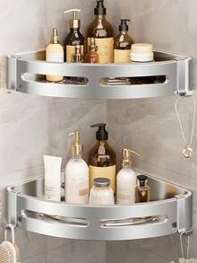1pc Stainless Steel Wall Mount Bathroom Storage Organizer (Random Hook Style) Home Bathroom Decor Bathroom Accessories Bathroom Organizer Fall Decor Back To School - Silver - View 7