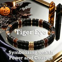 Vintage Style Tiger Eye Black Agate 5mm Square Bead Bracelet, Symbolic Of Wealth, Power And Courage Spiritual Jewelry, Best Gift For Halloween - Multicolor - View 2