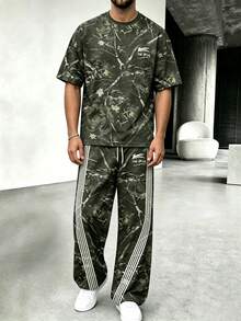 Men's American HE STAR Branch Print Short Sleeve Wide Leg Pants Set - Multicolor - View 2