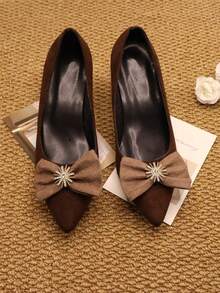 Women's Suede Pointed Toe Chunky Heel Pumps With Contrast Bow And Rhinestone Decor - Brown - View 4