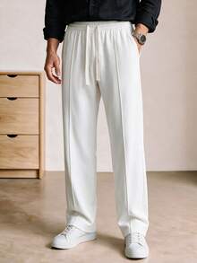 Voidago Men's Solid Color Pocket Insert Toothpick Design Straight-Leg Casual Trousers, Business Formal Style, Fall - White - View 1