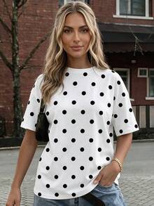 Vaiaye Women Loose Round Neck Casual T-Shirt, Striped Patchwork Minimalist Slim Fit Short Sleeve T-Shirt, Spring/Summer Vacation - White Background With Black Waves - View 1