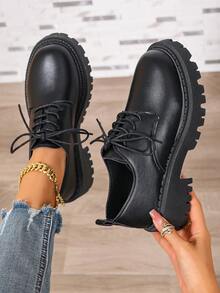 Women's Lightweight Lace-Up Closure Minimalist Plain Round Toe Low-Top Thick Sole Shoes - Black - View 2