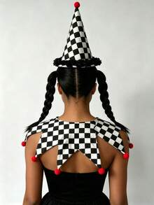 1set Black White Check Clown Hat And Star Shape False Collar Set With Red Pom Poms Halloween Circus Cosplay Costume Accessory For Carnival Theme Party - A - View 5