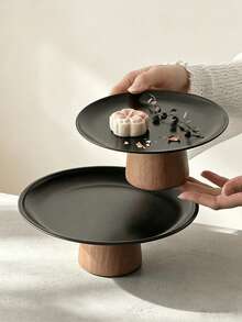 1pc Stainless Steel Cake Stand With Wooden Base, Dessert Display Plate, Multi-Functional Fruit Tray, Suitable For Table Decoration, Home And Kitchen Dining Platter, Ramadan Use - Black - View 2