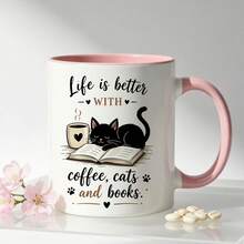 Life Is Better With Coffee, Cats And Books Coffee Mug, Black Cat Reading Books Pattern Ceramic Cup, Creative Birthday Holiday Gift For Cat Lovers, Book Enthusiasts, Bookworms - Multicolor - View 5