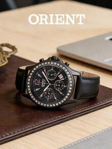 Orient Jam Tangan Wanita Quartz Casing Lapis Hitam Strap Kulit Hitam Dial Hitam Matte Bezel Kristal Kronograf Multifungsi - Hitam - View 4