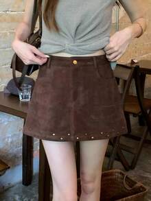 New Versatile Fashionable Suede-Like A-Line Rivet Mini Skirt For Women, Casual Autumn Skirt - Khaki - View 4