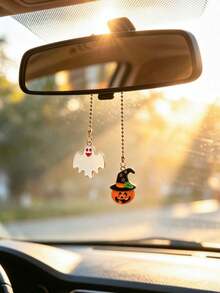 Halloween Witch Hat Pumpkin Car Hanging Ornament, Gold Bead Chain Jack-O'-Lantern Pendant For Rearview Mirror Auto Interior Holiday Decoration - Charm - View 9