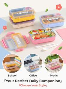 304 Stainless Steel Divided Bento Box, Sealed Leak-Proof Portable Lunch Box With Sauce Container, Spoon And Fork, Fresh-Keeping Meal Box For Work And Picnic - Multicolor - View 2