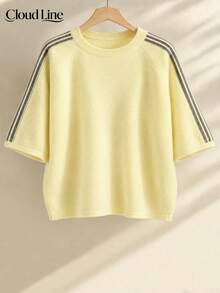 Plus Size Fall Winter Striped Raglan Sleeve Sweater, Crew‑Neck 3/4 Sleeve Loose Fit Daily Commuter Knit Top For Curvy Ladies - Pale Yellow - View 3